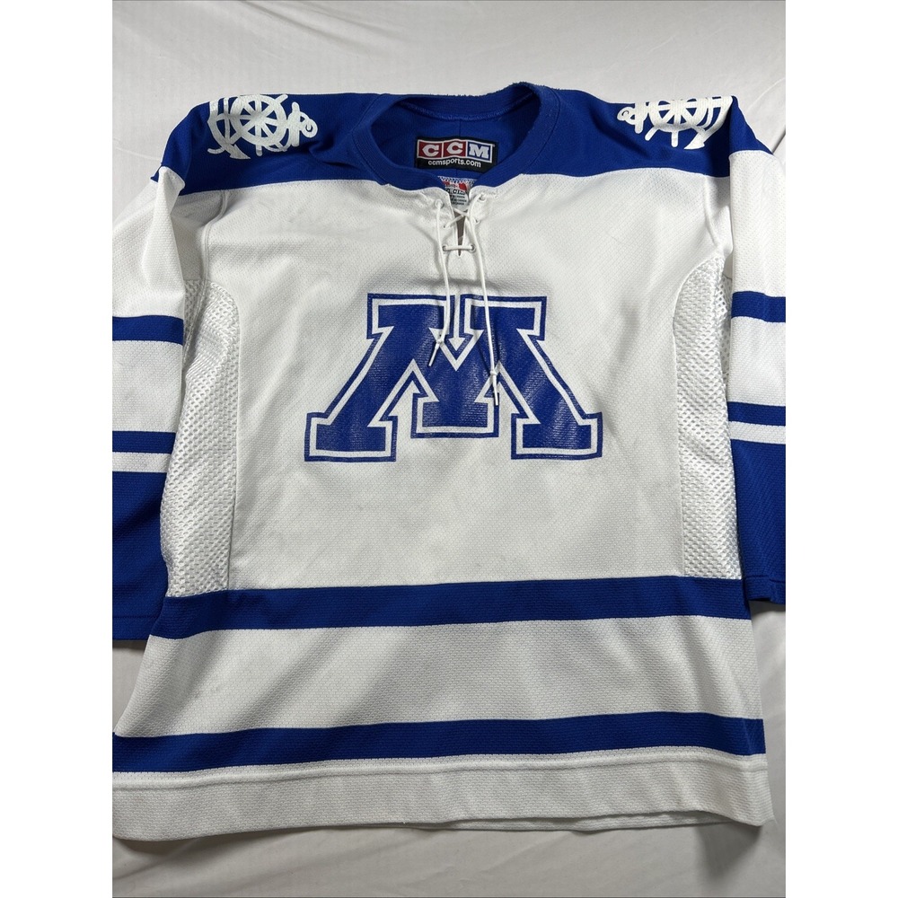 Vintage CCM Hockey Jersey White Blue #10 Szalapski MN Stop Patch Mens L